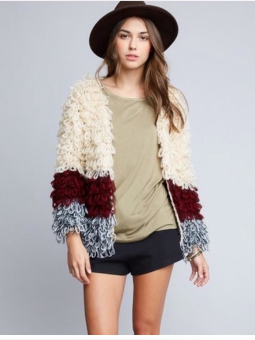 Columbia Cream Loop Knit Cardigan with Burgundy and Gray Colorblocking